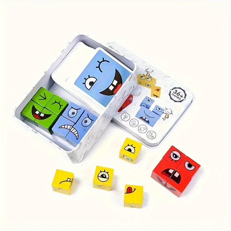 Wooden Face Pattern Building Blocks Puzzle Toy