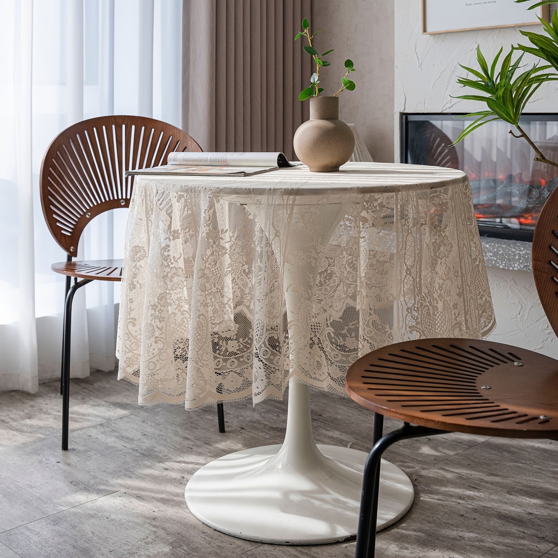 Beige Lace Table Cloth Round Table Cover 152cm Western Food Cafe Plaid Tassel