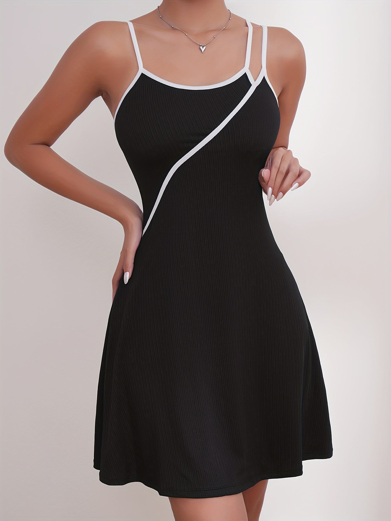 Colorblock Slip Nightdress Crew Neck Straps Sleep Dress Women's Sleepwear