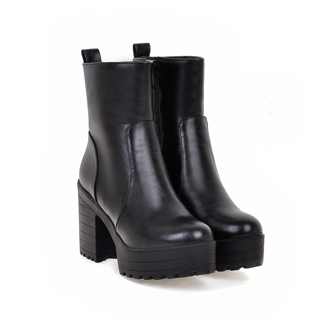 Waterproof Zipper High Heel Ankle Boots Faux Leather Shoes