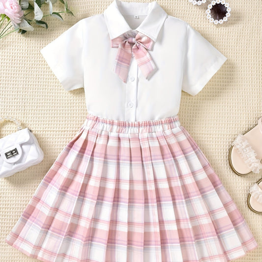 Girls Bow Front Button Short Sleeve Blouse Top & Plaid Pleated Skirt Set