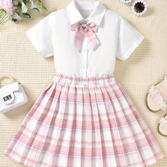 Girls Bow Front Button Short Sleeve Blouse Top & Plaid Pleated Skirt Set