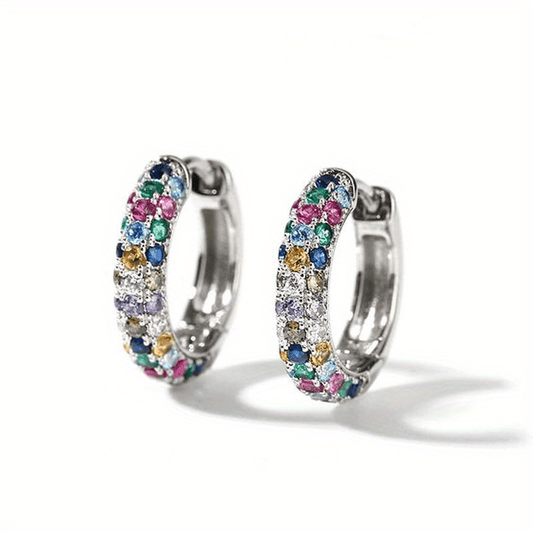Men's Silver Plate Round Earrings Set with Colorful Zircon, Small Hoop