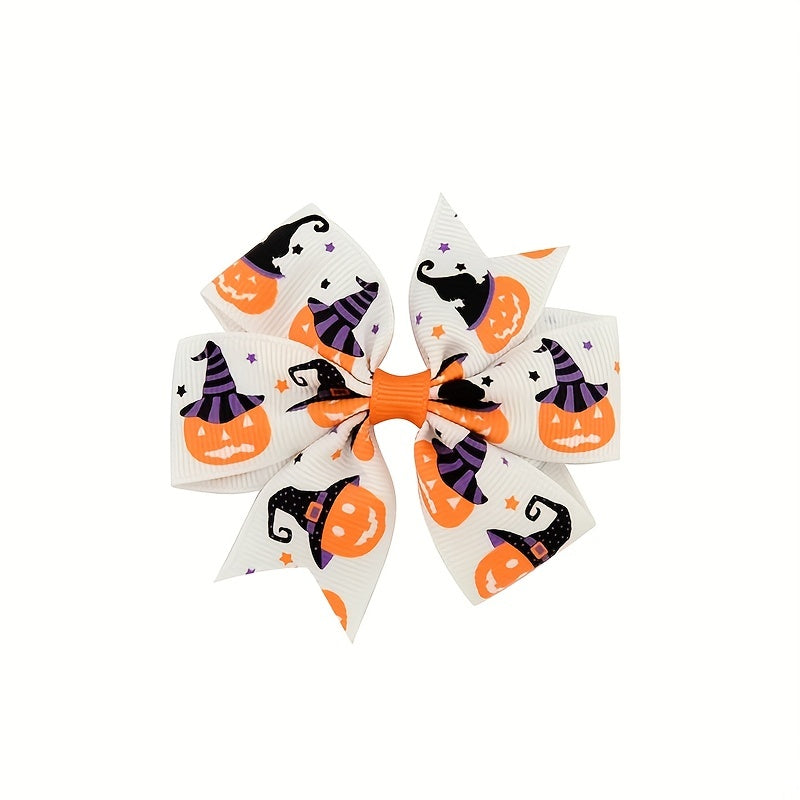 12pcs Halloween Bow Hair Clips Pumpkin Bat Print Hair Accessories For Baby Girls