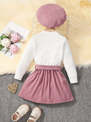 Girl's 3pcs Long Sleeve Top & Beret Hat & Belted Corduroy Skirt Set