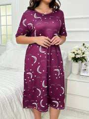 Moon & Star Print Nightdress Short Sleeve Round Neck Sleep Dress