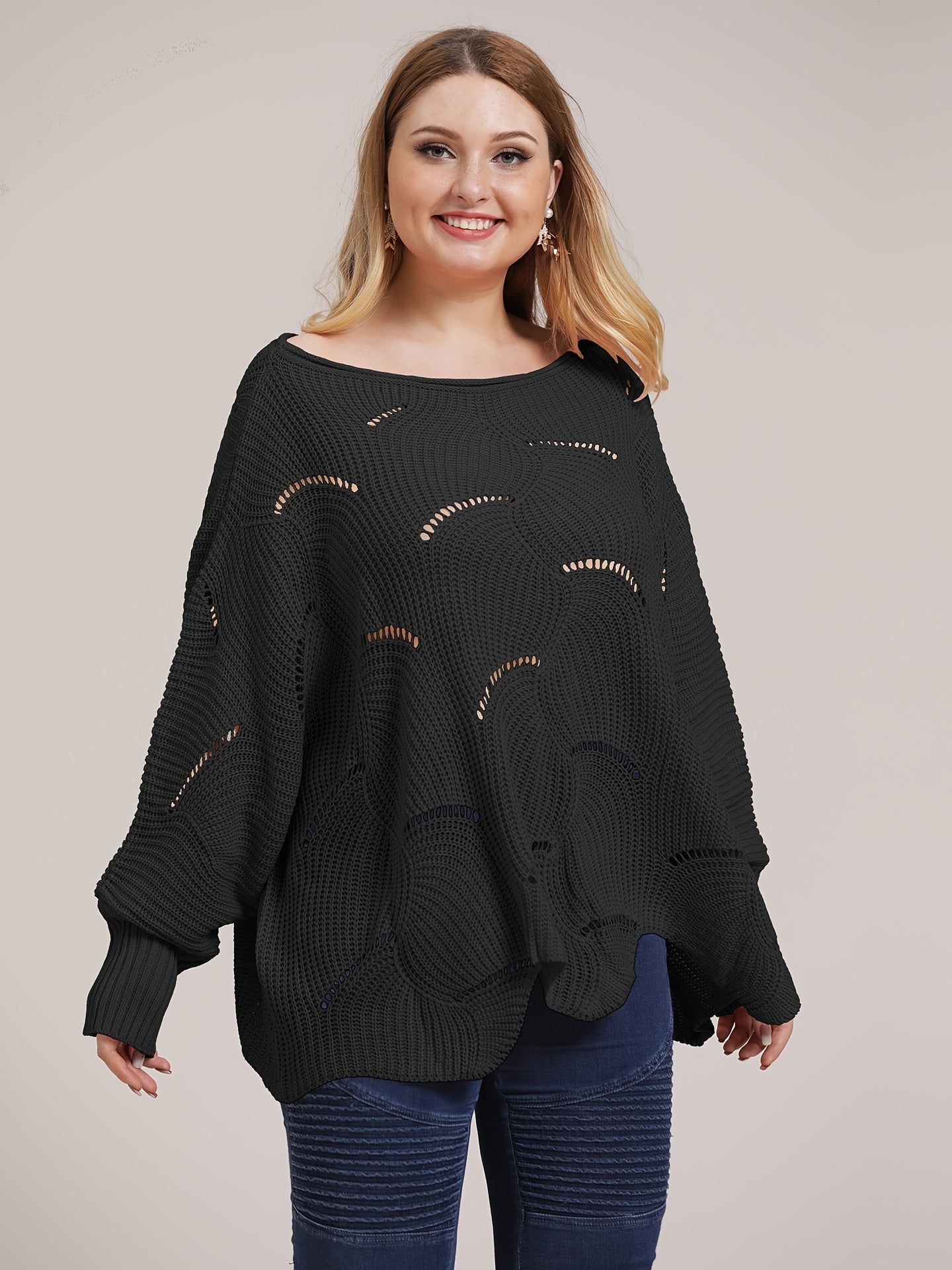 Boat Neck Loose Fit Sweater Women's Plus Casual Solid Sweater