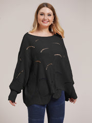 Boat Neck Loose Fit Sweater Women's Plus Casual Solid Sweater