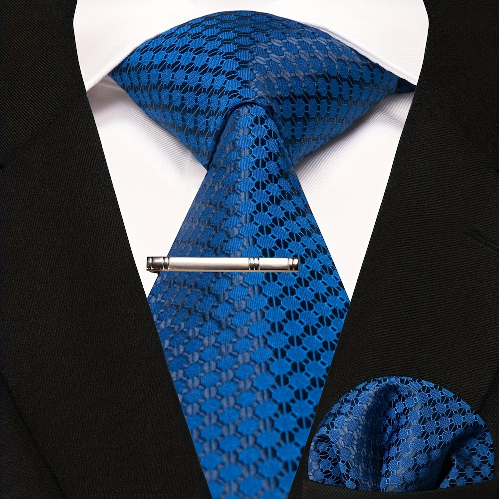 3pcs Dot Plaid Tie & Pocket Square Set w/ Tie Clip - Party & Business Men