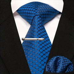 3pcs Dot Plaid Tie & Pocket Square Set w/ Tie Clip - Party & Business Men