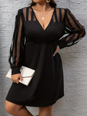 Casual Dress Women's Plus Striped Mesh Sleeve Stretch Dress