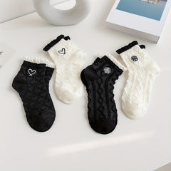 4 Pairs Textured Ruffle Socks Embroidery Short Socks