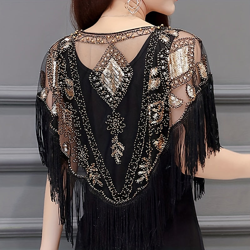 1920s Sequin Beaded Tassel Flapper Shawl Vintage Embroidery Classic Wedding