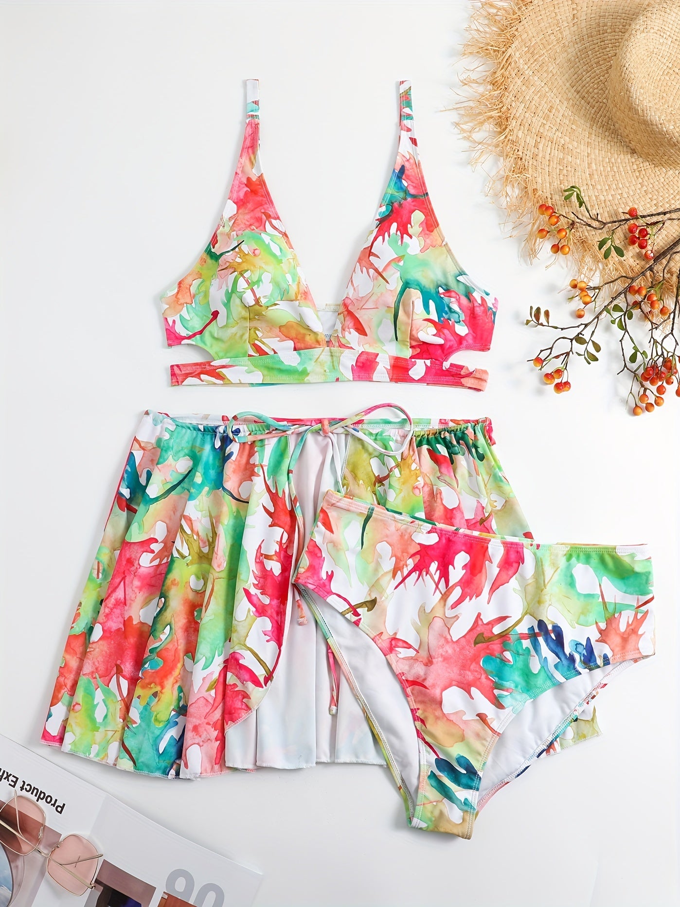 Vacay Swimsuit Set Allover Print Bra Panty Skirt 3pc Set