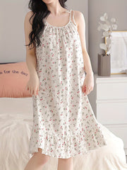 Floral Print Slip Nightdress Lace Up Ruffle Sleep Dress Women's Sleepwear