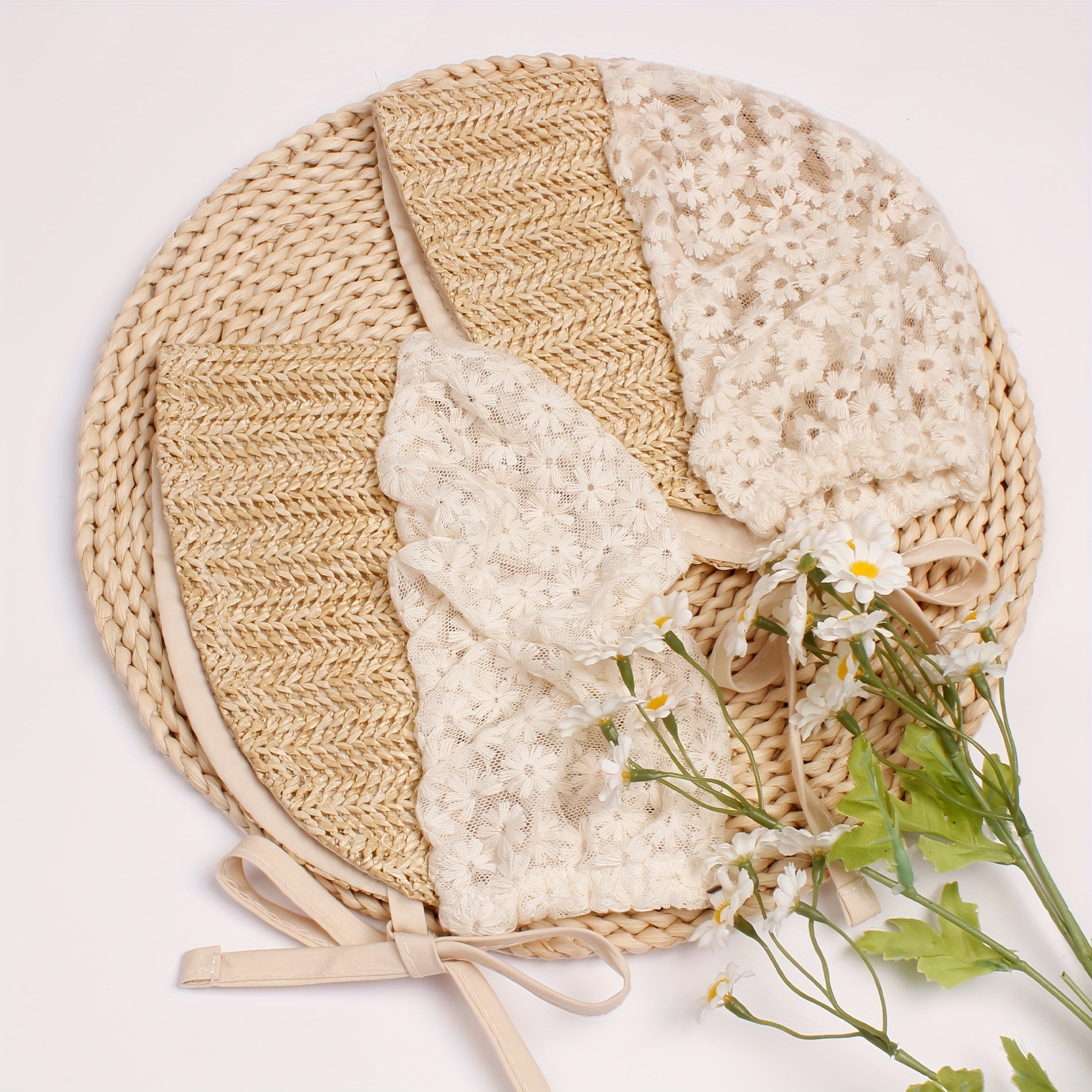 Beige Flower Lace Straw Palace Baby Hat Ribbon