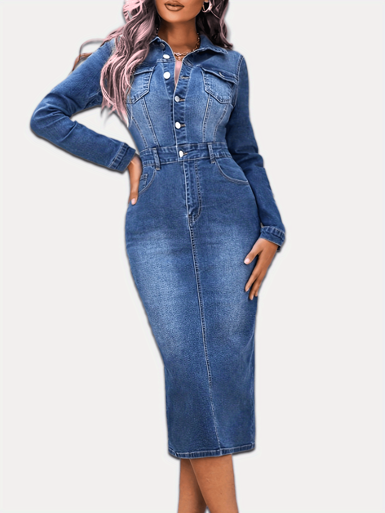 Long Sleeves Denim Dress Slim Fit Single Breasted Button Split Denim Dress