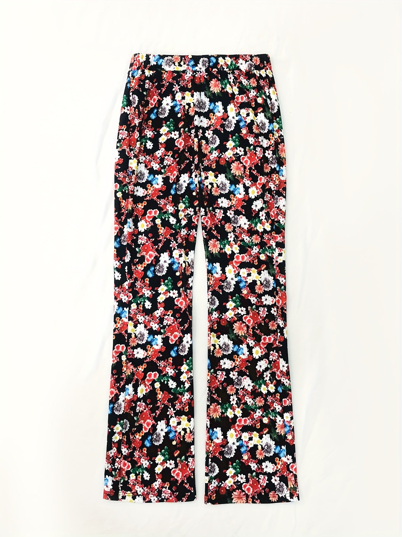 Plus Floral Print Elastic High Rise Straight Leg Trousers