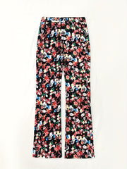 Plus Floral Print Elastic High Rise Straight Leg Trousers