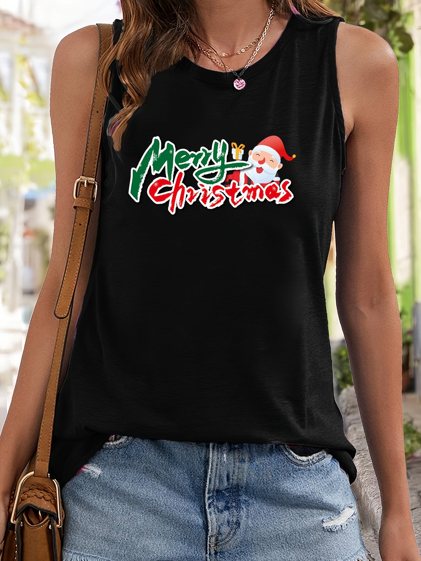 Santa Claus & Letter Print Sleeveless Sports Vest Women's Activewear