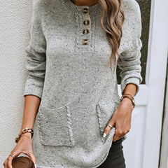 Solid Button Front Pullover Sweater Long Sleeve Casual Fall Winter Women's Cloth