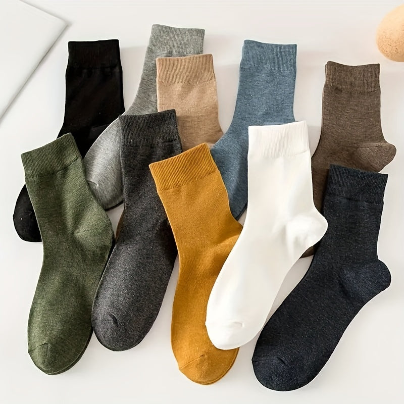 10 Pairs Men's Solid Crew Socks Comfy Cotton Blend Casual Unisex Socks