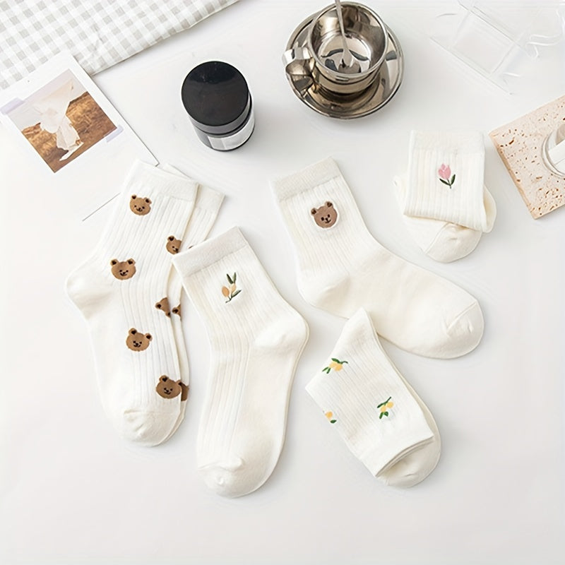 5 Pairs Bear & Floral Pattern Crew Socks Women's Stockings
