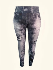 Casual Denim Print Leggings High Rise Stretch Leggings