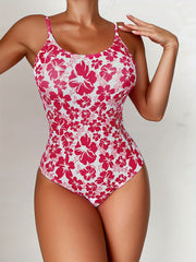 Floral Print Scoop Neck Tie Back One Piece Swimsuit Spaghetti Strap Pink