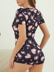 Heart Print Lounge Bodysuit Button Front Romper Women's Pajamas