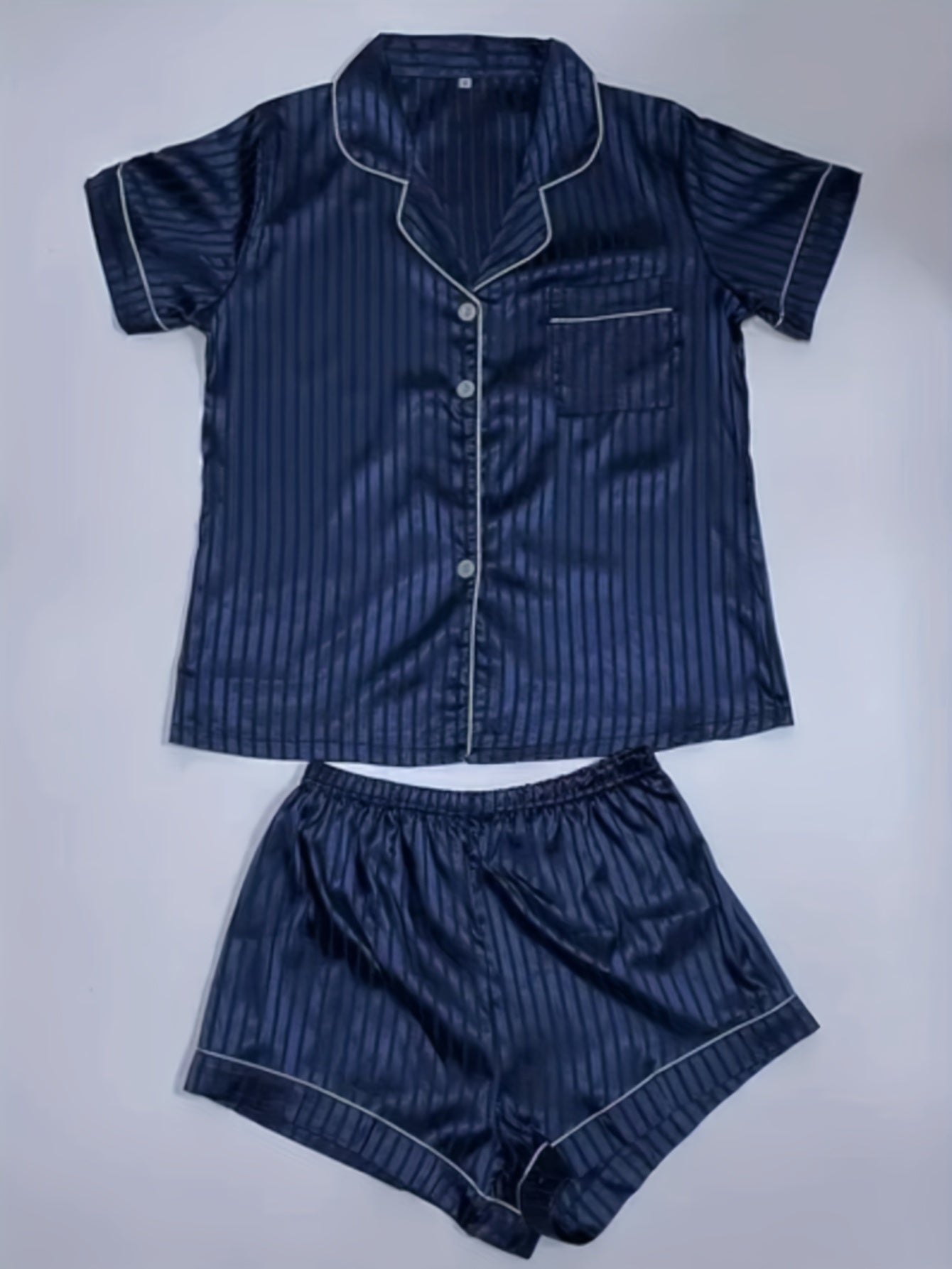 Striped Satin Lounge Set Short Sleeve Lapel Top & Shorts