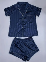 Striped Satin Lounge Set Short Sleeve Lapel Top & Shorts