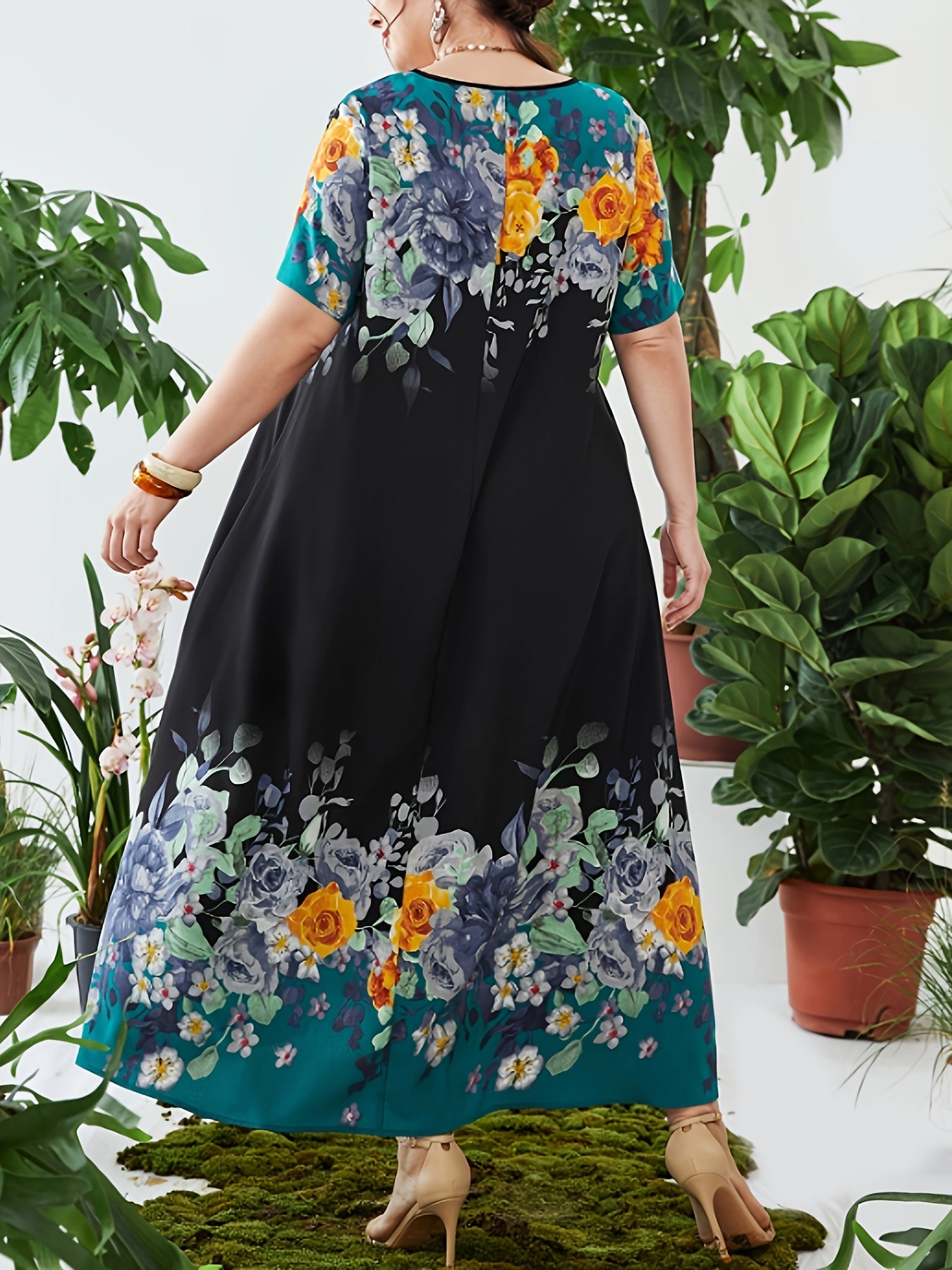 Floral Print Kaftan Dress Short Sleeve Maxi