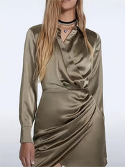 Solid Surplice Neck Long Sleeve Dress Mini Dress