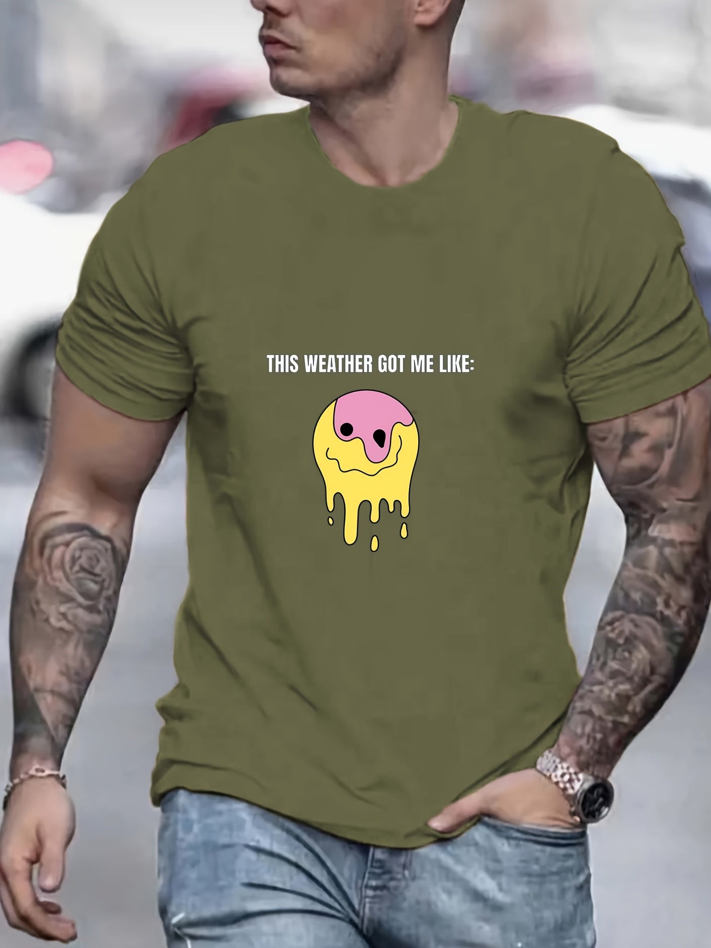 Smile Face Print Men's Graphic Crew Neck Active T Shirt