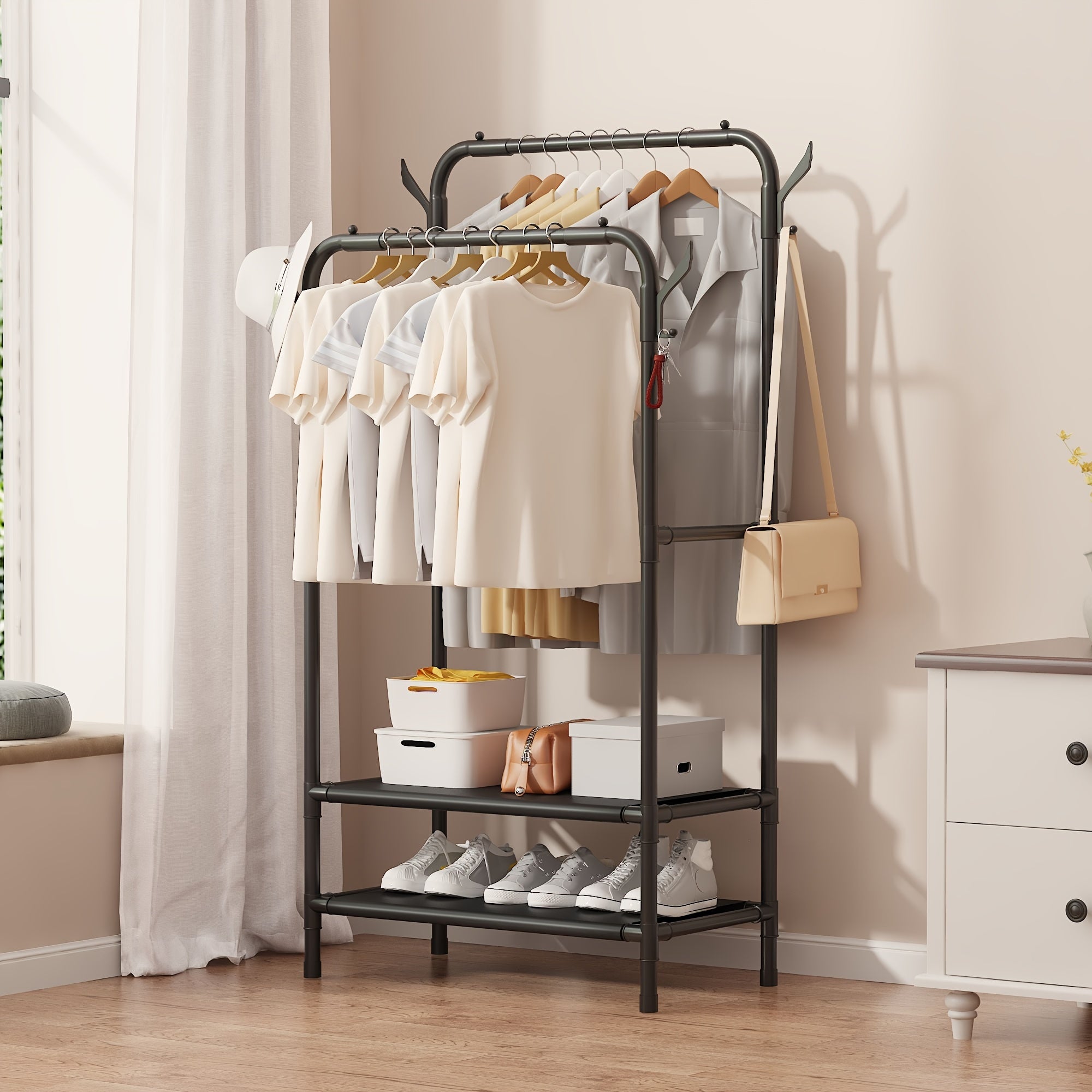 Garment Rack with Double Rods, Lower Storage, and Hooks