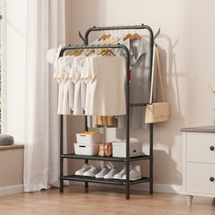 Garment Rack with Double Rods, Lower Storage, and Hooks