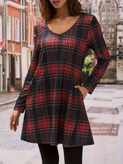 Women's Plus Plaid Print Long Sleeve V Neck Tee Dress With Pockets