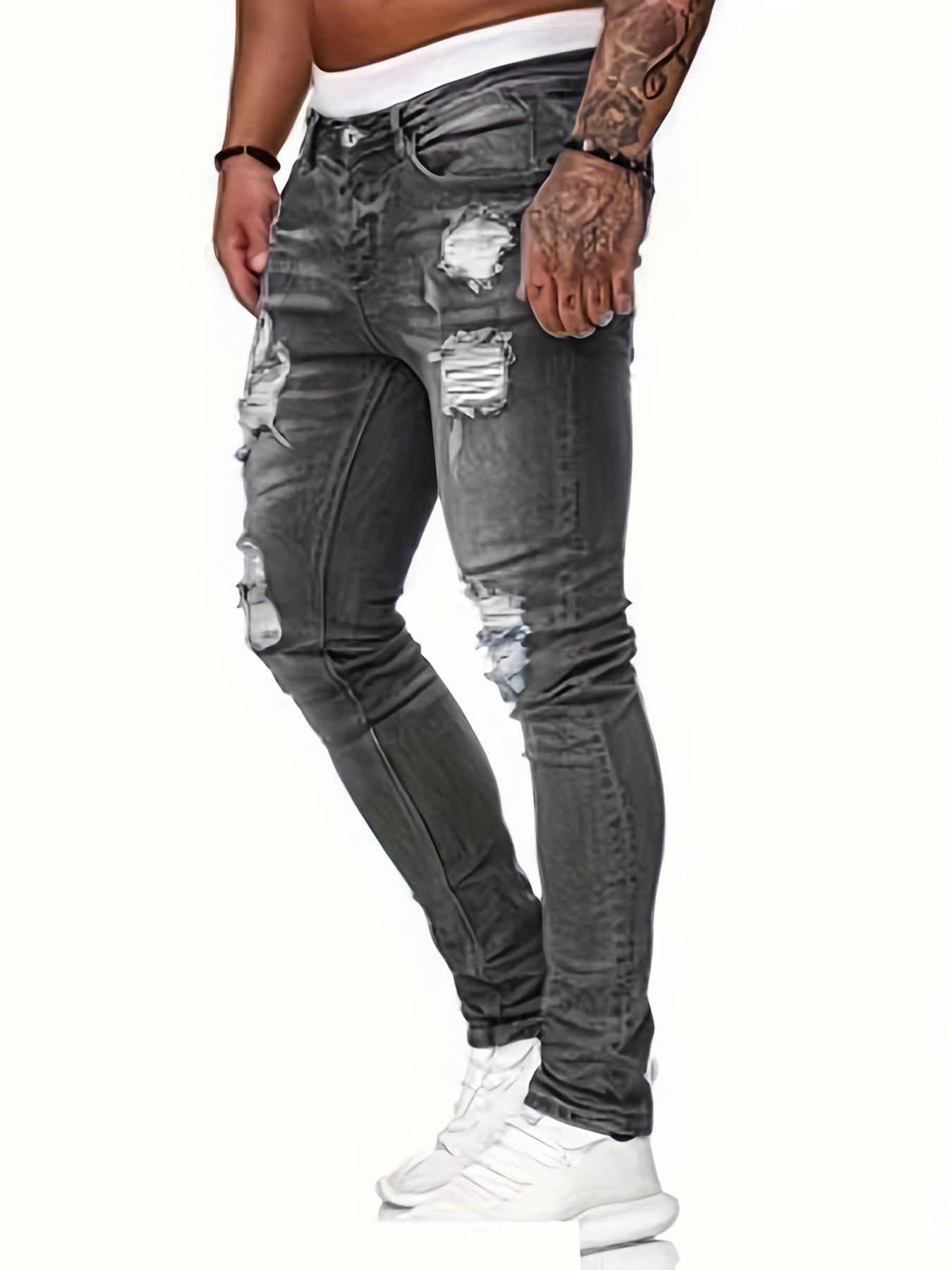 Men's Slim Fit Ripped Cotton Jeans - Street Style Distressed Denim Pants