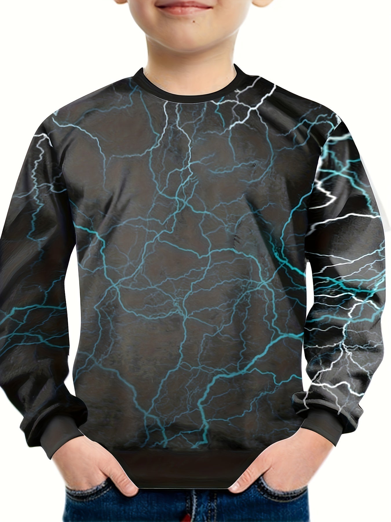 Lightning Line Print Boy's Long Sleeve T-shirt Round Neck Casual Top