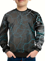 Lightning Line Print Boy's Long Sleeve T-shirt Round Neck Casual Top