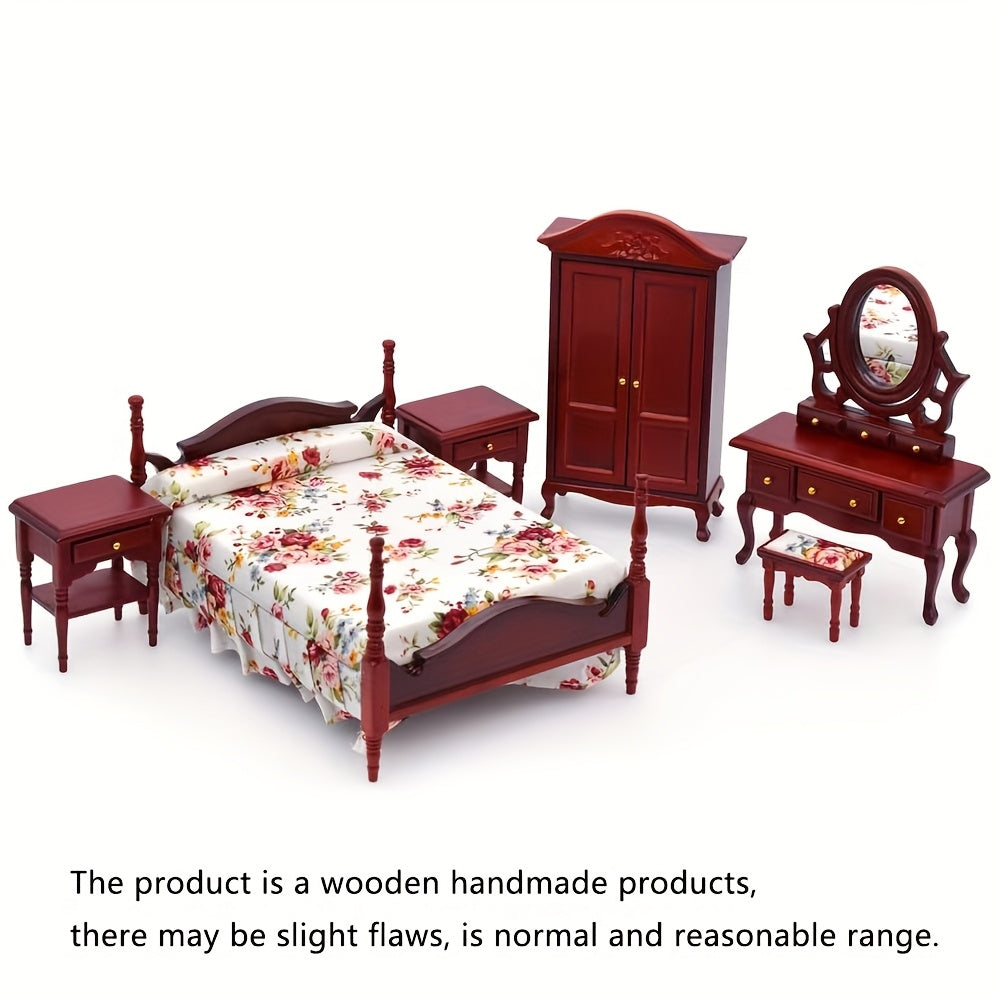 1:12 Vintage Furniture Set Cream/Mahogany Dollhouse Bed Dresser Armoi