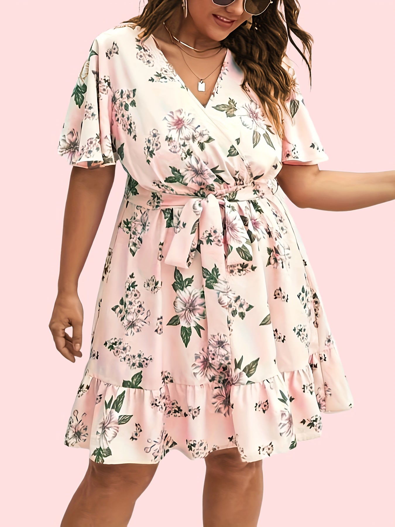Floral Print Surplice Neck Dress With Belt