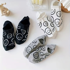 3 Pairs Funny Face Low Cut Ankle Socks Soft Gray