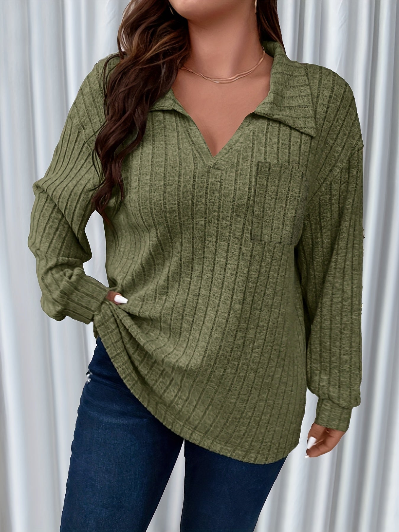 Casual Sweater Solid Ribbed Knit Long Sleeve Pullover