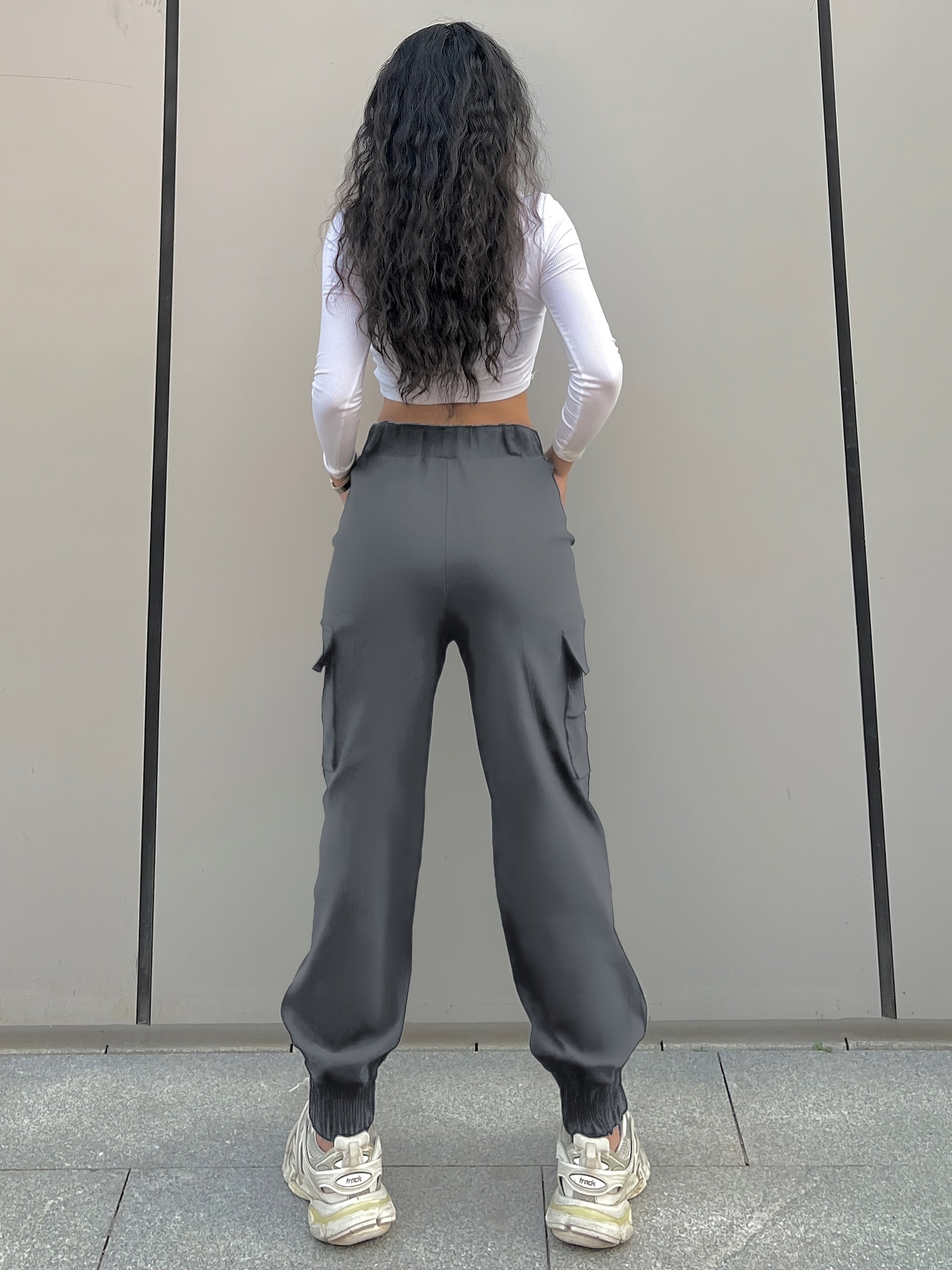 Women's Cargo Pants with Solid Flap Pockets - Elastic Waist