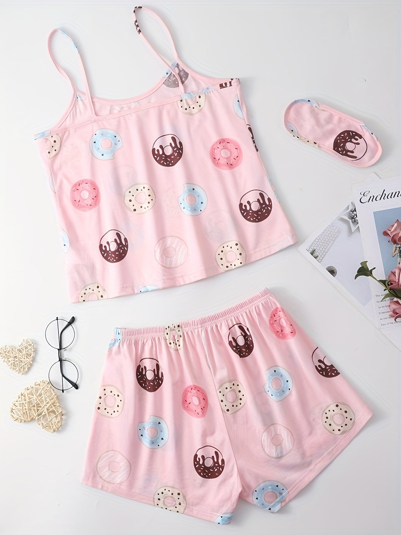 Donut Print Pajama Set Crew Neck Cami Top & Elastic Waistband Shorts