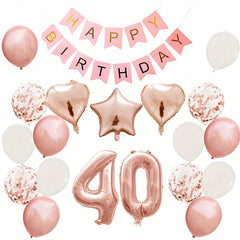 Rose Golden Birthday Balloons Set with Pull Flag