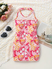 Girls Floral Print Halter Dress For Party Holiday Outfit