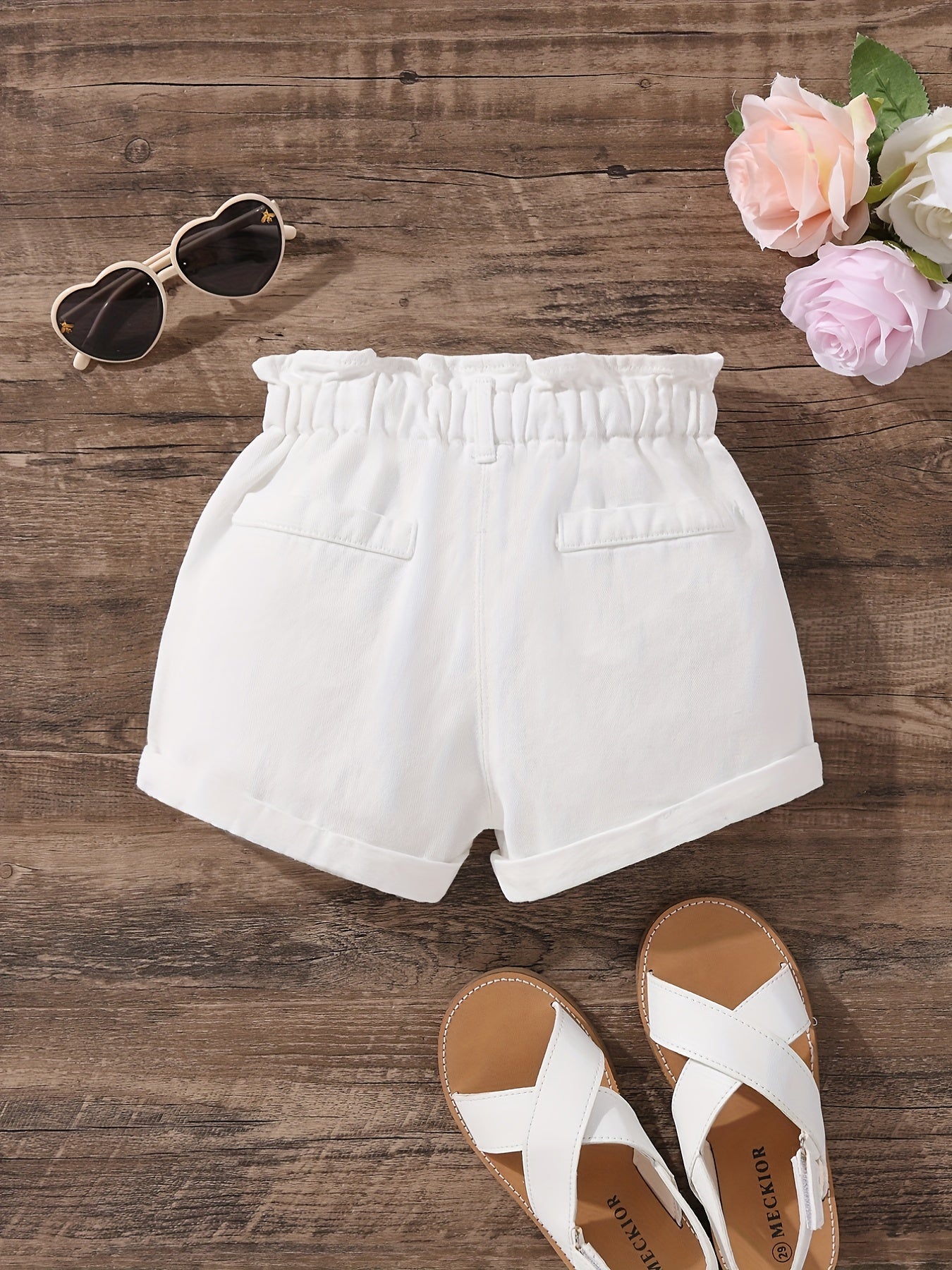 Girls' Elastic Waist Pleated Denim Shorts, Summer Outerwear